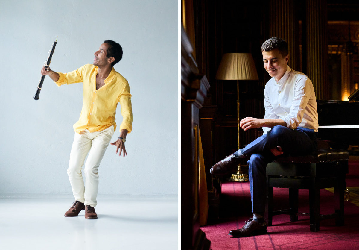 A man with an oboe and a man sitting by a piano