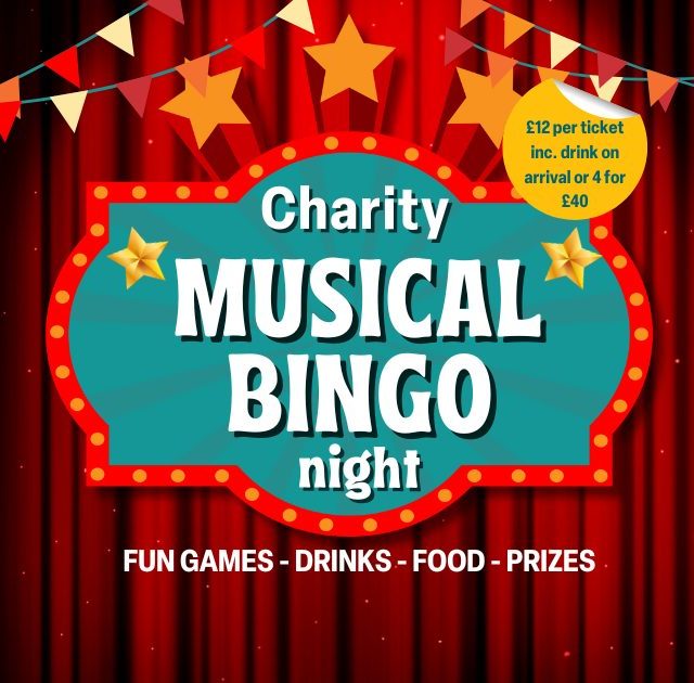 Teal and red musical bingo night image with theatre curtains