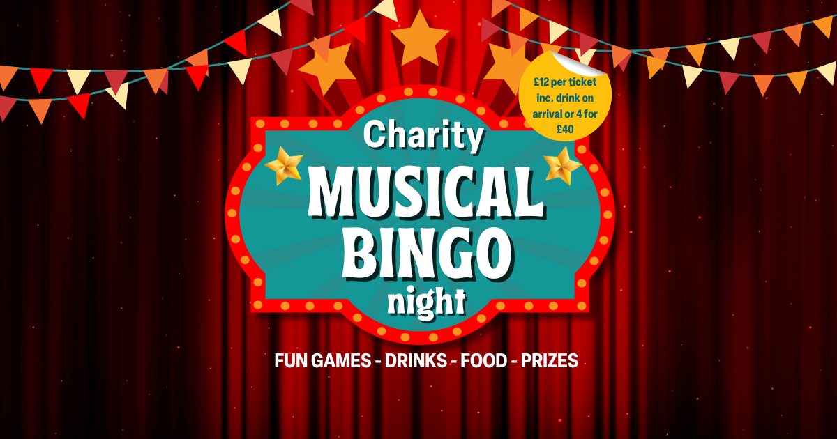 Teal and red musical bingo night image with theatre curtains