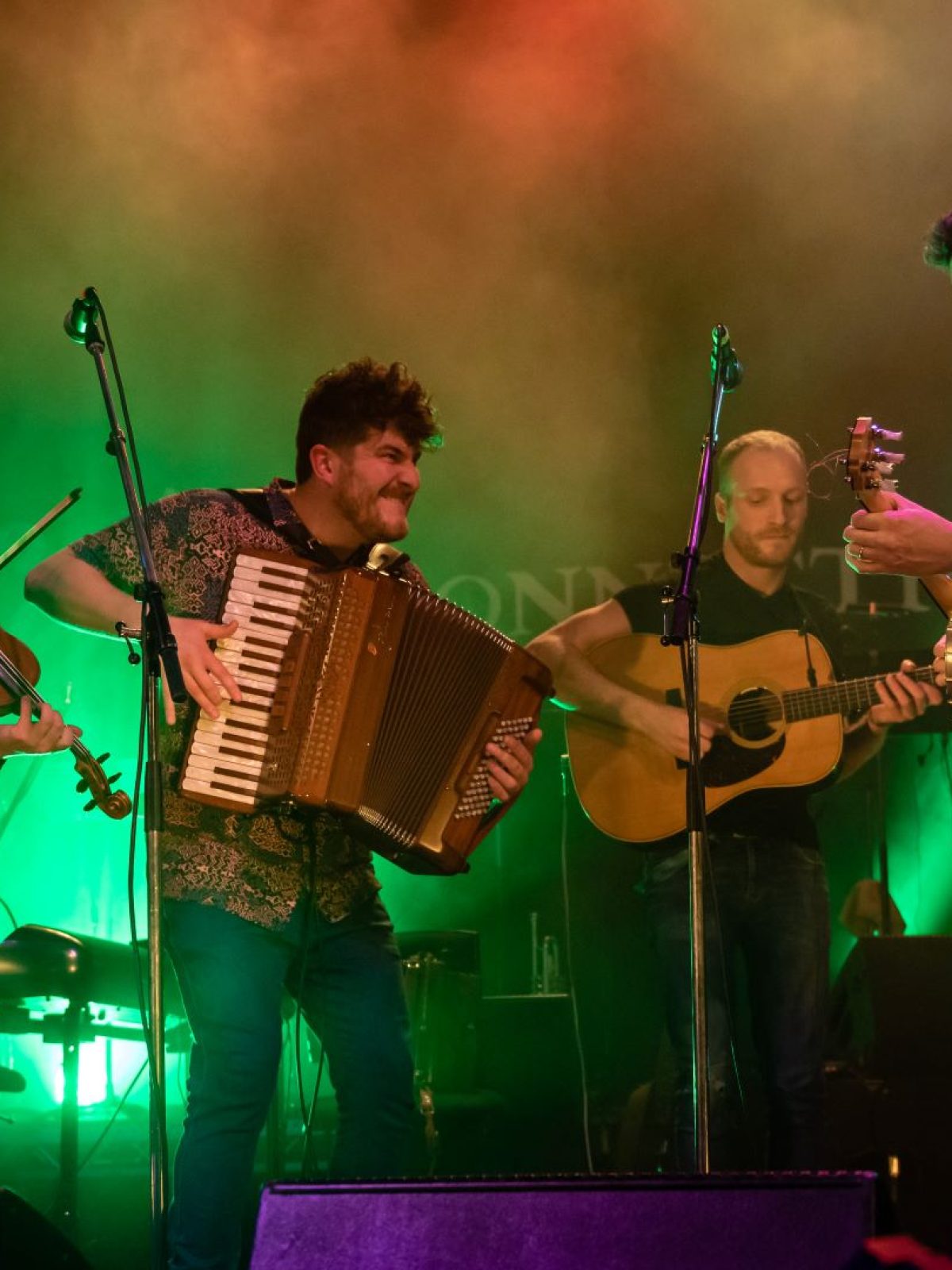 Four folk musicians on stage